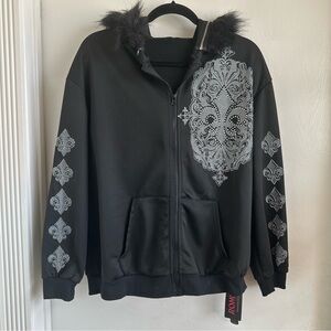 ROMWE Black Embellished Hoodie w Detachable Faux Fur  NWT Size M/6